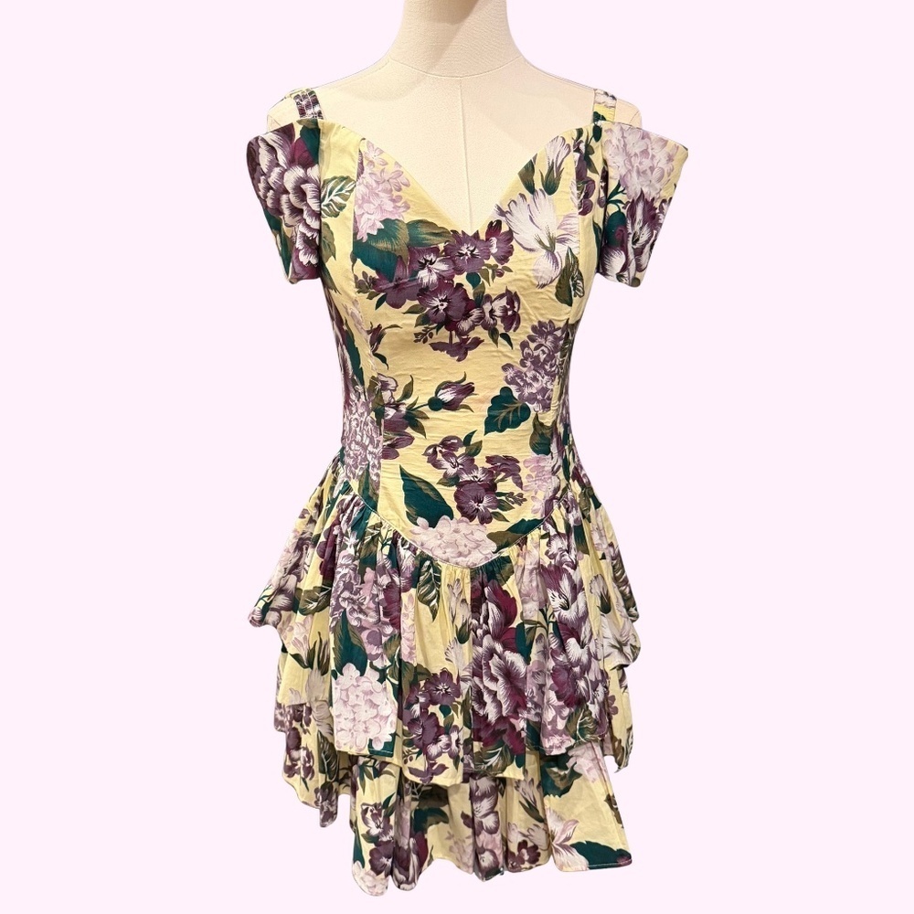 Late 80s Vintage All That Jazz 100% Cotton Floral Corseted Tiered Mini Dress.